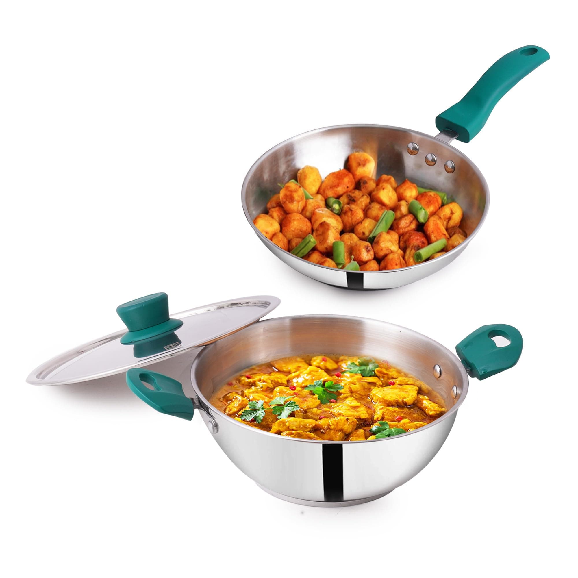 The Indus Valley Stainless Steel Cookware Set 3-Layer Thick Bottom - Set of 3Pcs | Fry Pan (22.8 Cm/1.5L)+ Kadai with Lid (22.6 Cm/2.1L) | Kitchen Cooking Combo Pots & Pans, Naturally Nonstick, Silver
