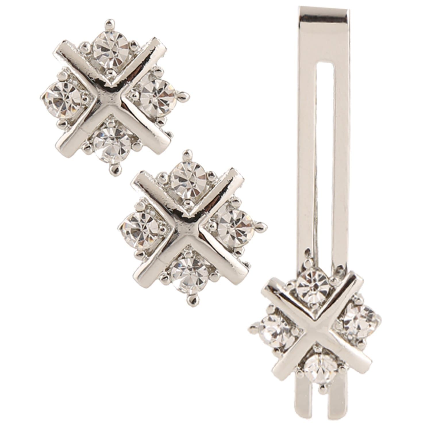MEENAZ Men Jewellery Cufflinks Set Diamonds Crystals Tie pin for Men in a Gift Box Valentines Day Gifts for Men Silver Cufflink,Tie pin Combo Set Valentine's Special -Cufflink Set-9102