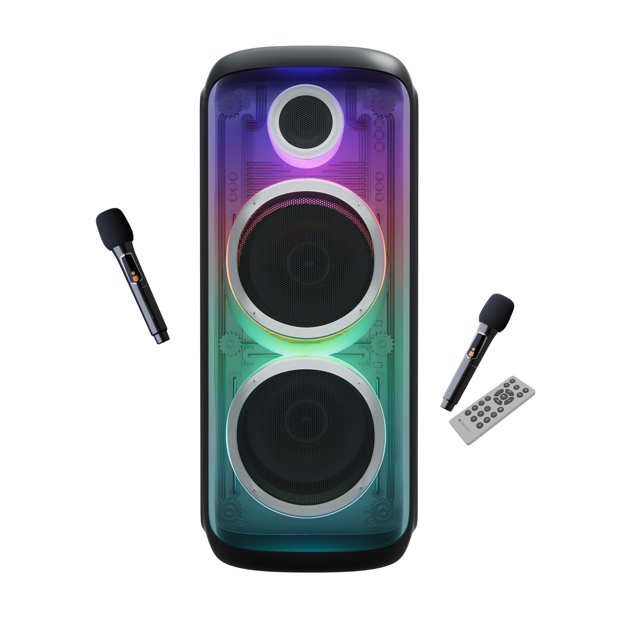 Zebronics 160W Party DJ Speaker, Dual Mic, Karaoke, 2X Full-Range 25.4cm Driver, TWS, 4EQ Modes, 6.3mm Dual Mic & a Guitar in, BT, USB, AUX, RGB, LED Display (Party Fyre 510)