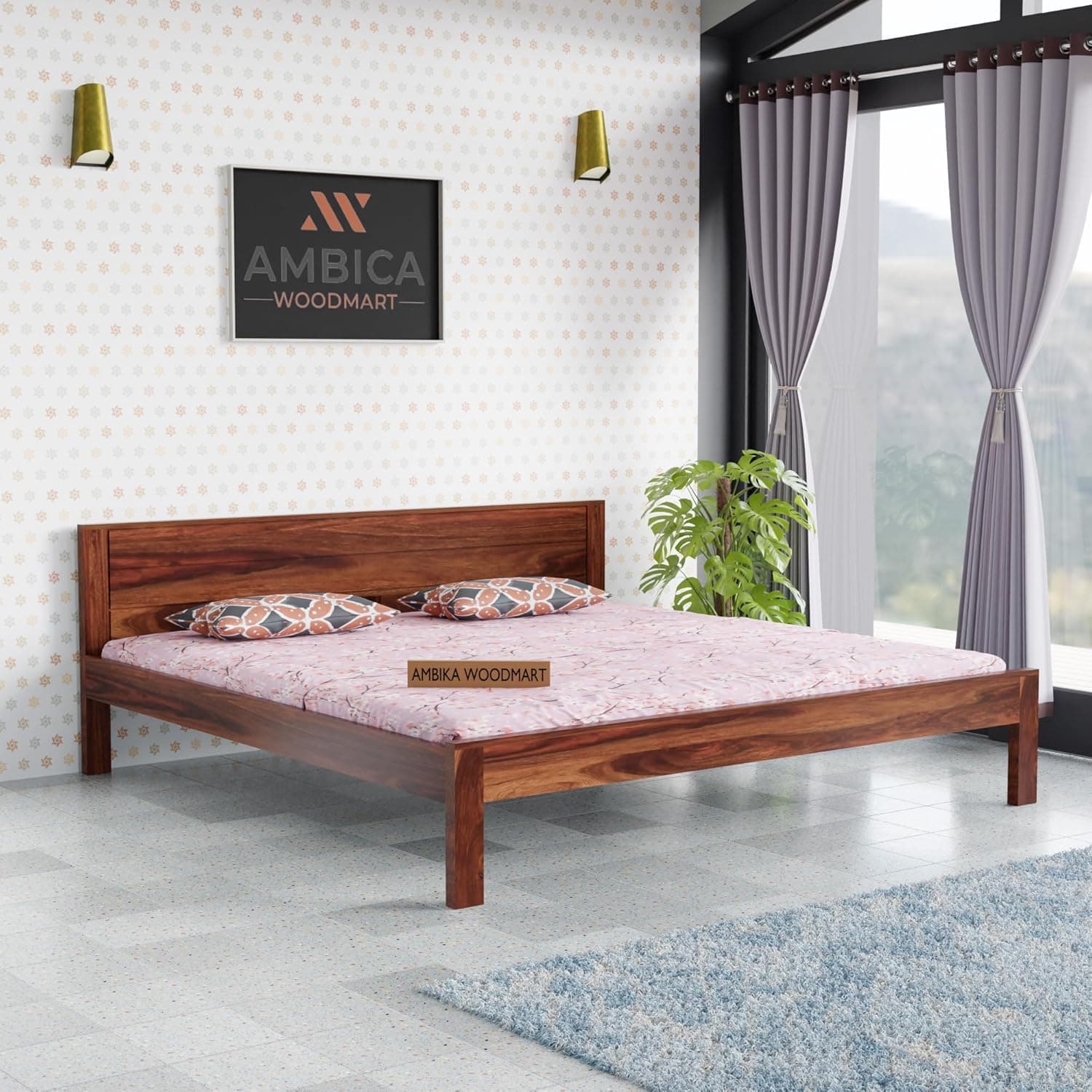 AMBICA WOODMART Sheesham Wood Bed Without Storage Solid Wooden Cot Bed Elegant and Functional Bedroom Living Room Home (Honey Finish, Queen)