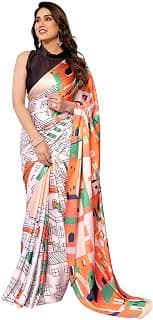 FABMORA Women's Satin Tri Color Digital Print Saree With Blouse Piece, Multicolor