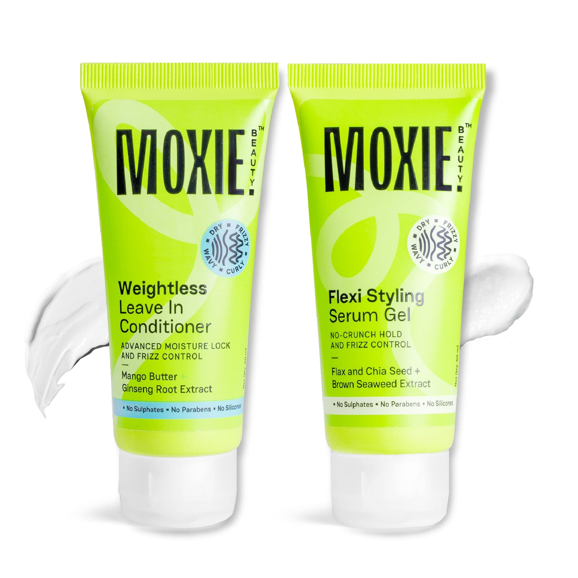 Moxie Beauty Wavy Vibe Setter Travel Duo for Women & Men | Live In Conditioner + Frizz Fighting Serum Gel for Wavy, Frizzy & Dry Hair | Enhances Waves, Retains 94% Moisture, Controls Frizz | Weightless Leave-In Conditioner (50ml) & Flexi Styling Serum (50ml)