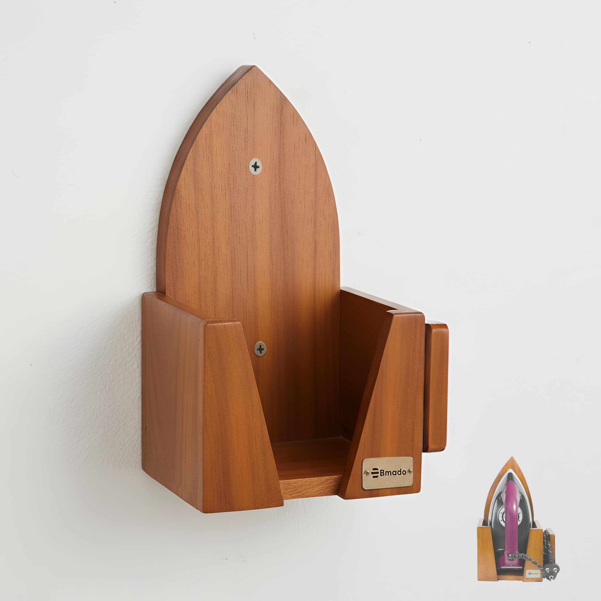 Bmado Multi-Purpose Wooden Iron Press Holder | Safe Shock-Free Design | No-Electricity Needed | Holds Iron & Organises Power Cable | Strong Wall-Mounted Press Machine Holder for Laundry & Home Use