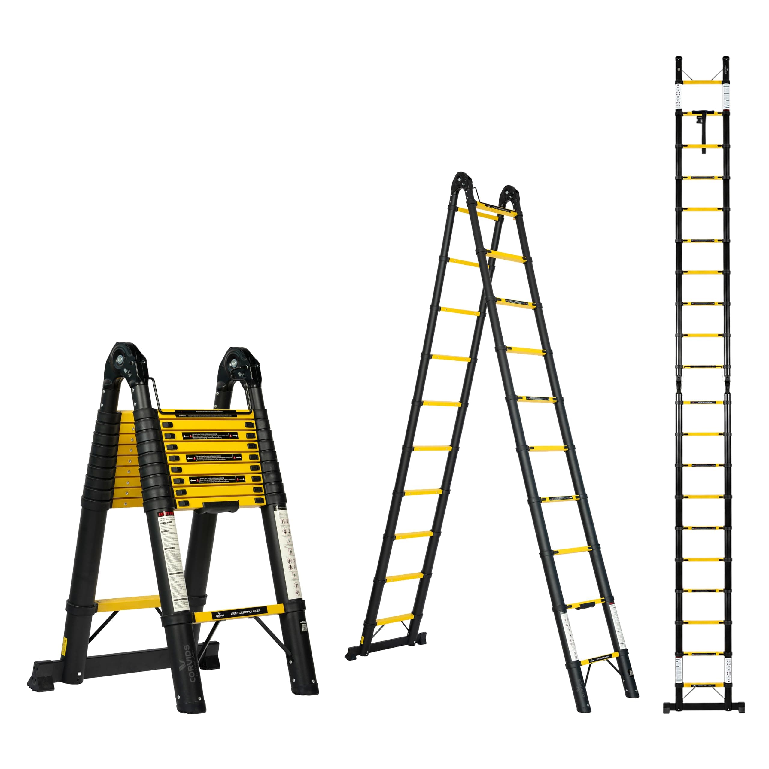 Corvids 6.2m (20.5 ft) Foldable A-Type Carbon Steel Telescopic Ladder, 2-Year Warranty, 20-Step Heavy Duty Extension Ladder, Q195 Rustproof Alloy Steel, Portable Ladder for Home & Outdoor use