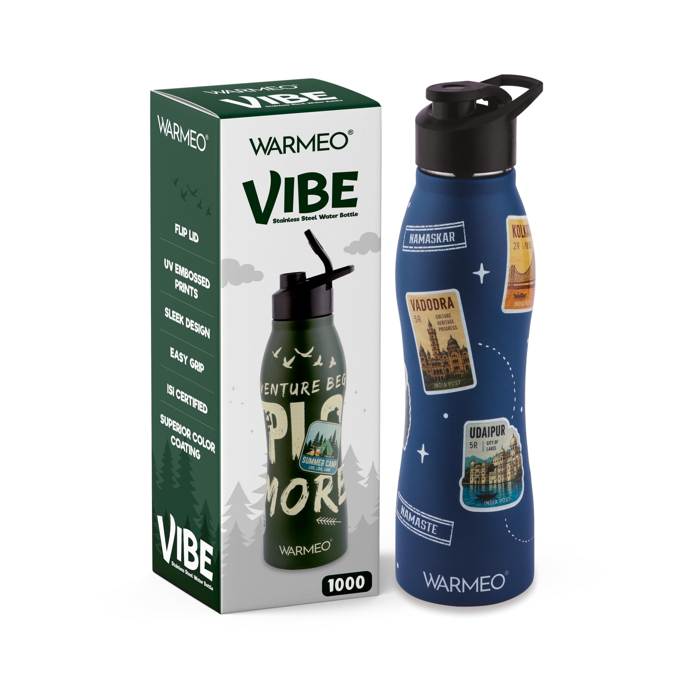 WARMEO VIBE 1000 Stainless Steel Water Bottle 1000 ml | Incredible India 3D Embossed Design | Single Walled, ISI Certified I Leak Proof Lid, Rust Proof I For School, Office, Gym I Blue