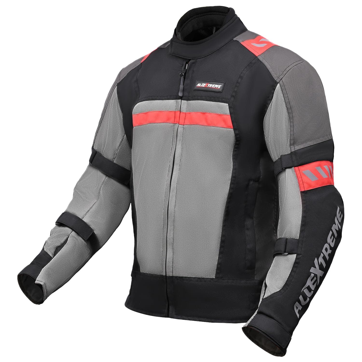 Allextreme BAZOOKA Bike Riding Jacket Armour Back Elbows Shoulders Protection Mesh Fabric Motorcycle Rider Gear Protector with All Season Night Visibility Sticker for Bikers (2XL, Black/Red)