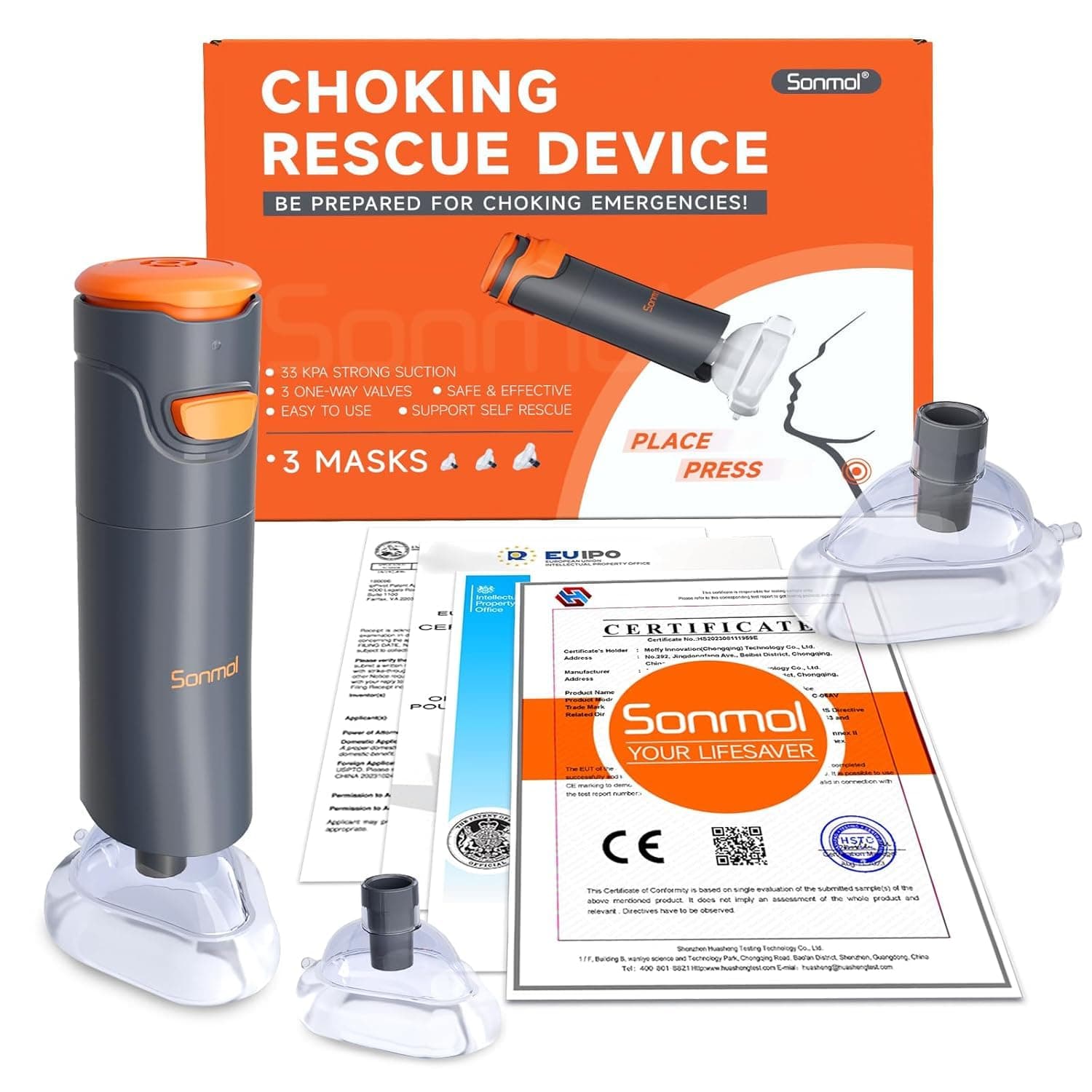Sonmol Portable Anti Choking Device for Kids with 33 kPa Suction | One-button operation, 3 masks for all ages, dual one-way valves, Lightweight – for assisted/self-rescue