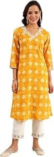 W for Woman Marigold Yellow Floral Printed Metallic Embroidered Neck Cotton Blend Straight Kurta