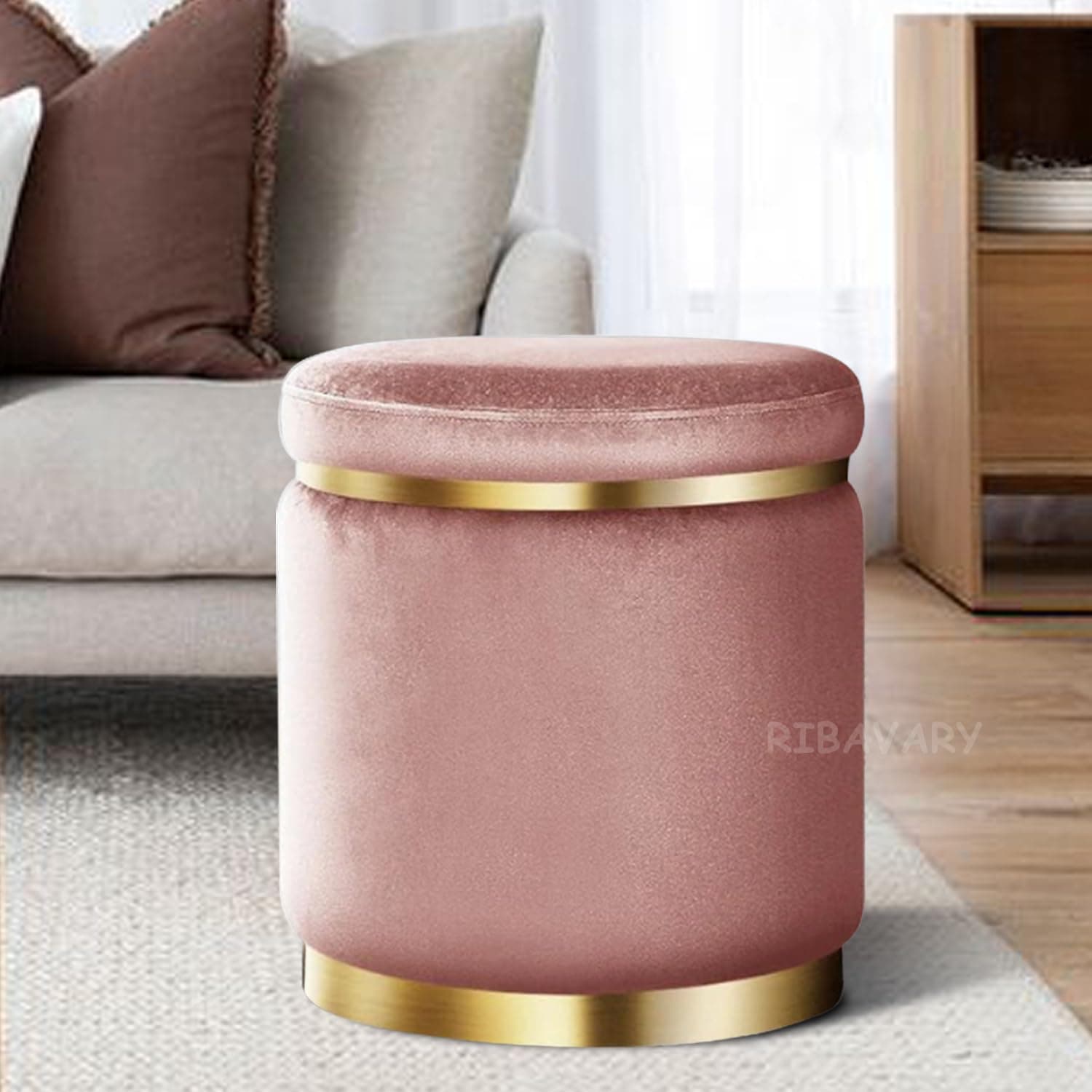 RIBAVARY Velvet Ottoman Stool for Living Room Footrest, Small Pouf Seat for Living Room Bedroom, Wooden Sofa Side Stool, Makeup Chair, Home Office Decorative Furniture (1, Pink)