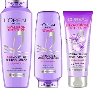L'Oreal Paris Hyaluron Moisture 3-step Ultimate Hydration kit - Shampoo (340ml) + Conditioner (360 ml) + Night Cream (180 ml)