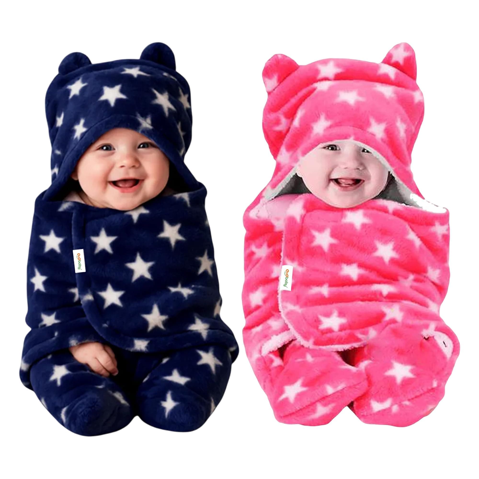 OYO BABY Dark Blue & Pink Star Hooded Baby Blanket – Ultra-Soft Fleece Swaddle with Booties, 0–6 Months | Cozy Infant Sleep Sack, Wearable Wrapper & Nursery Essential, Pack of 2, 72×68 cm