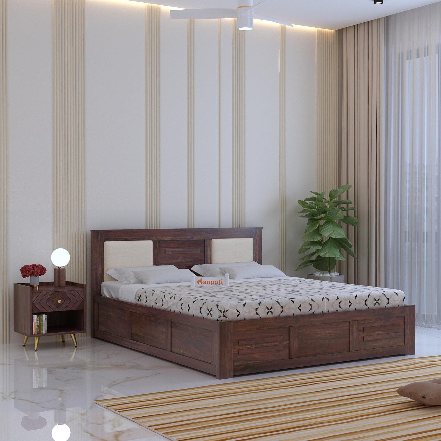 Ganpati Arts Solid Sheesham Wood Swiss King Size Bed with Box Storage and Headbaord | Wooden Double Bed Cot Palang Furniture for Bedroom, Guest Room, Hotel and Home (Walnut Finish)