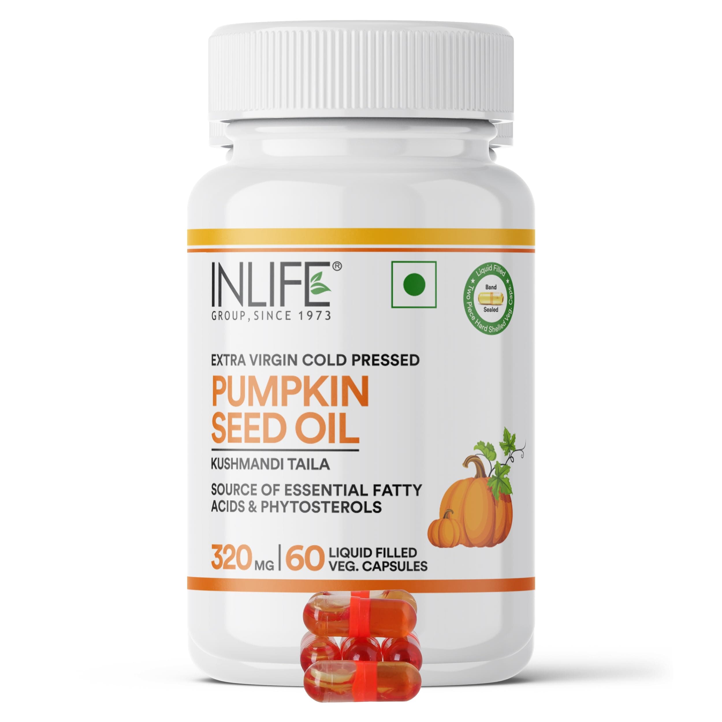 INLIFE Pumpkin Seed Oil Capsules, Cold Pressed, 60 Veg Capsules | 320mg Pumpkin Seed Oil Supplement, Phytosterols, Omega 3 6 9, Hair Skin & Prostate Support