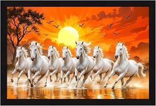 ArtX Paper 7 Horses Vastu Frame Wall Art Painting, White Running Horses On Water Painting Vastu Rising Sun Wall Decor, Multicolor, Nature, 18.0 X 12.0 inches, Set of 1