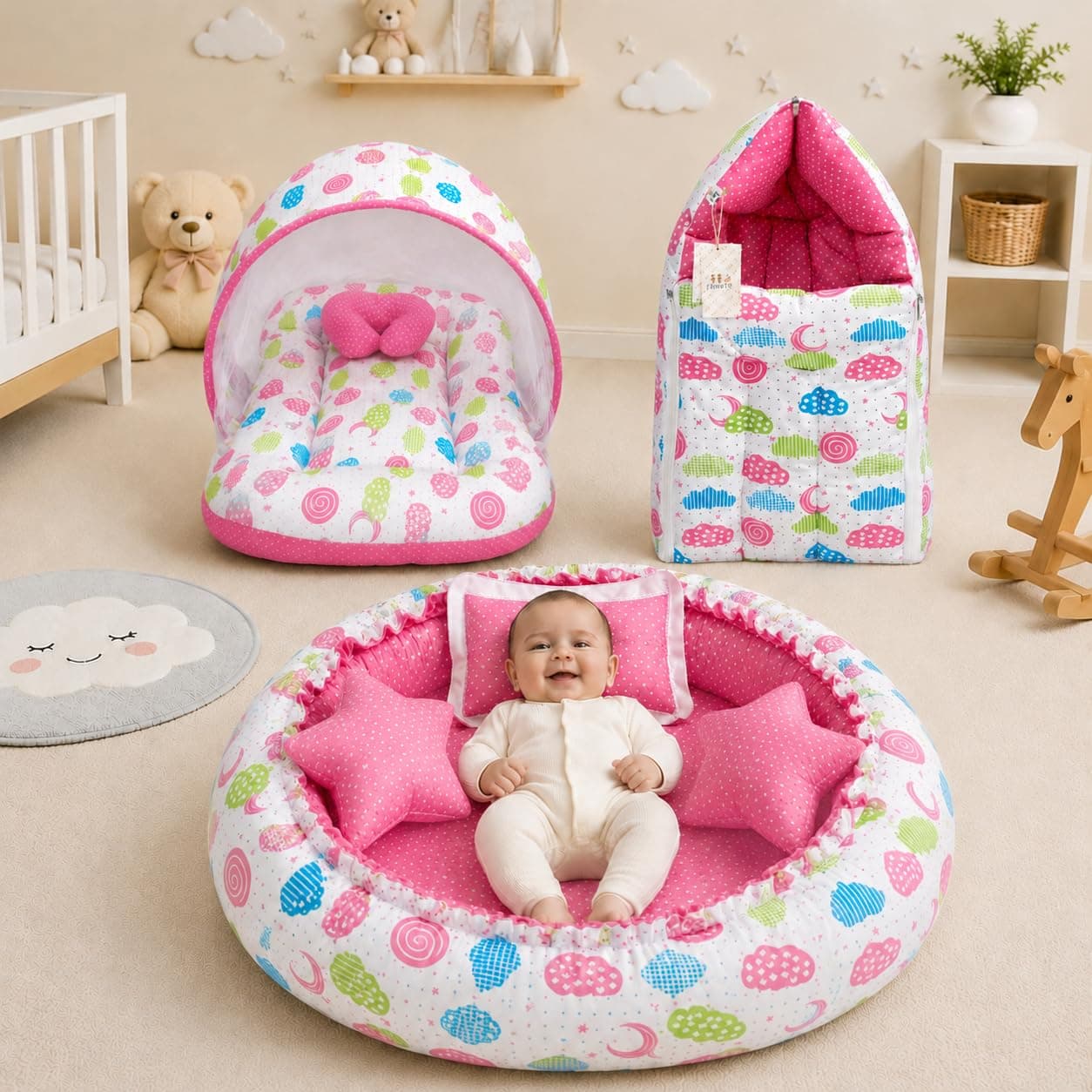 Infantbond Baby Sleeping Essential Reversible Nest | Mattress with Net | Carry Bag(0-6 Months) (Nest Set Peach Sprial)