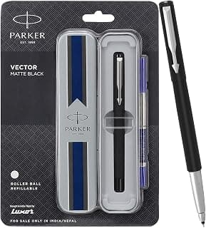 Parker Vector Matte Black Chrome Trim| Roller Ball Pen| Ink Color : Blue | Corporate Gift | Elite Pen for Professionals