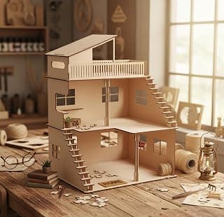 StonKraft Wooden Doll House Dollhouse - 3D Puzzle, Construction Toy, Modeling Kit, School Project - Easy to Assemble (House with Stairs)