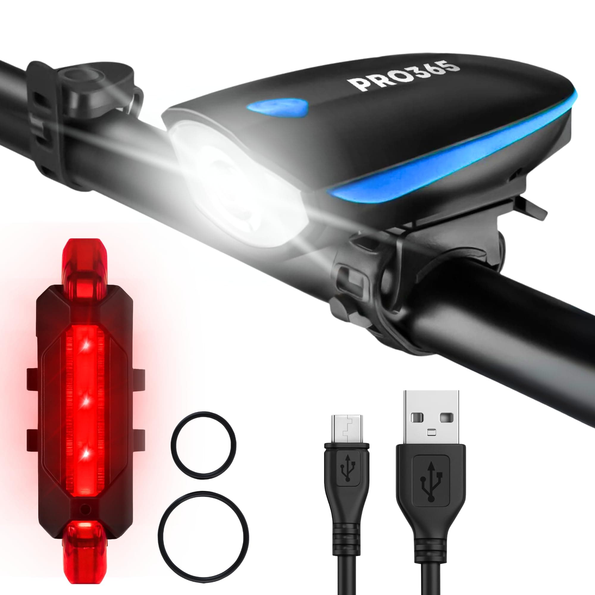 PRO365 USB Rechargeable Bicycle Light Combo – 250 Lumens Front LED Headlight & Rear Tail Light | 3 Light Modes | Waterproof Bike Safety Lights with 1 Year Warranty