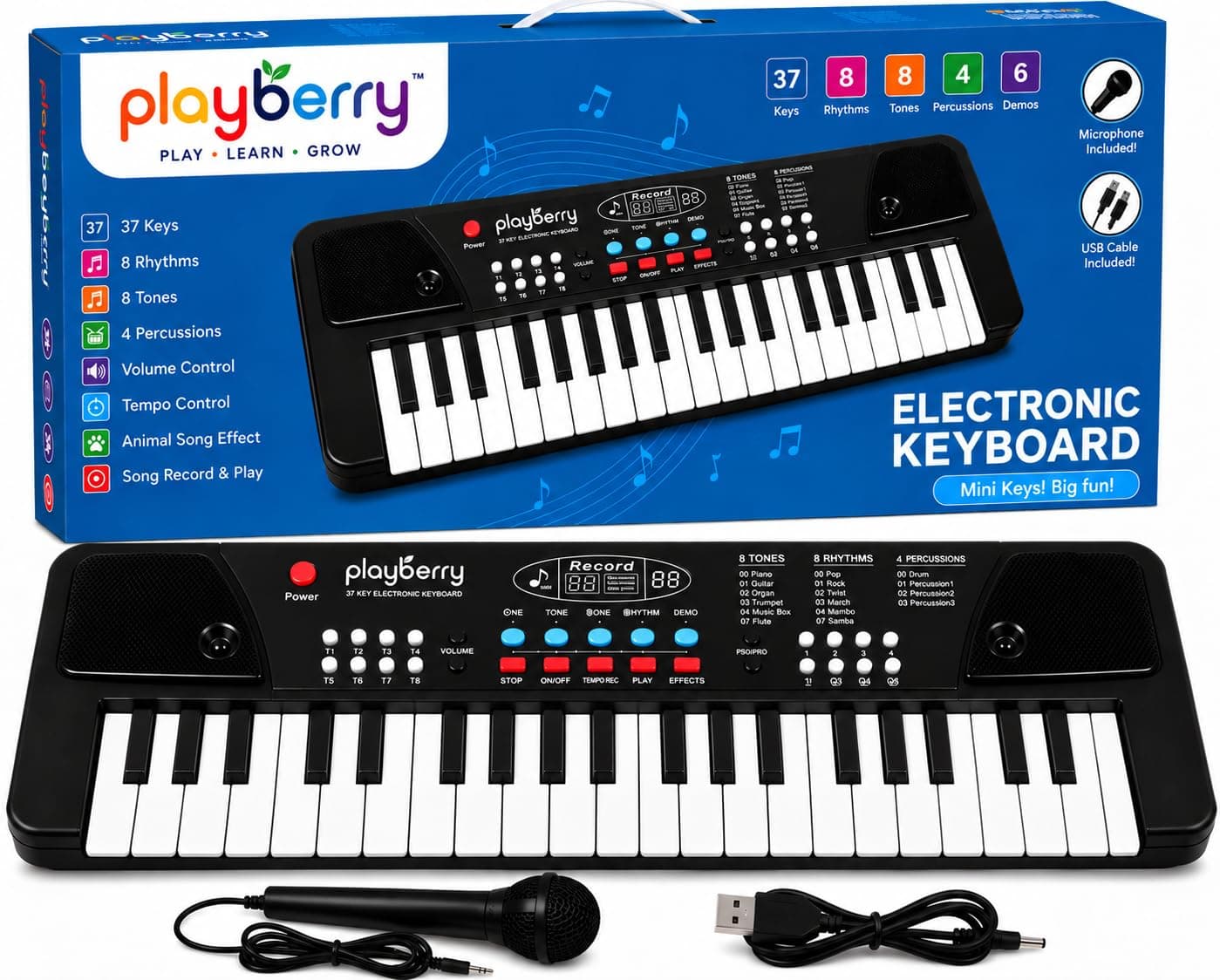 PLAYBERRY Kids Piano Keyboard with Microphone, 37 Keys, 8 Rhythms, 8 Tones | 6 Demo Songs, Recording & Playback, Electronic Musical Keyboard Toy for Kids, Boys & Girls, 1 Year Warranty