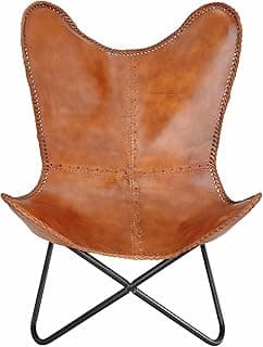 Dark Tan Brown Leather Butterfly Chair - Comfortable Arm Rest Relaxing Butterfly Chair - with Powder Coated Iron Stand