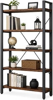 5-Tier Industrial Bookshelf with Solid Wood Shelves & Metal Frame | Open Display Storage Rack for Living Room, Bedroom, Office, Study | Book self | Rustic Brown | 80x30x160 cm