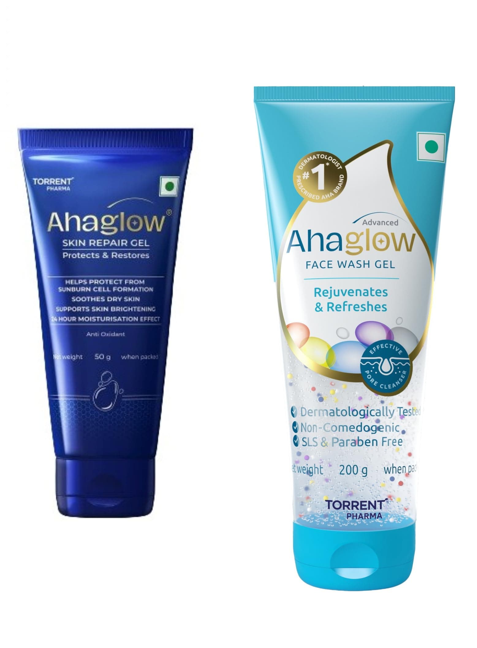 Ahaglow Skin Repair Gel 50g + Ahaglow Advanced Face Wash Gel 200g Combo | 1% Glycolic Acid AHA Cleanser with Jojoba, Tea Tree Oil, Vitamin E | Skin Barrier Repair & Glow Boost by Torrent Pharma