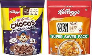 Kellogg's Combo, Kellogg's Chocos Moons and Stars 1.2 kg Pouch and Kellogg's Corn Flakes Real Almond and Honey, 1 kg