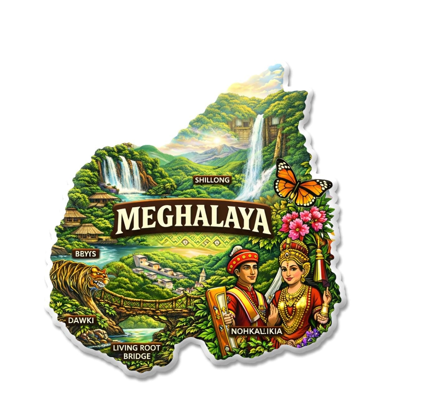 Meghalaya Indian State Theme Souvenir Die-Cut Fridge Magnet for Refrigerator – Living Root Bridge, Shillong & Dawki Design, Multicolor (Set of 1)