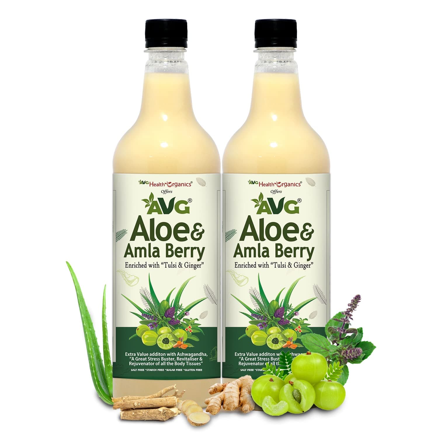 AVG Health Organics Aloe & Amla Berry, Aloevera & Amla Juice with Ashwagandha, Immunity Booster, Natural Detox, Sugar Free, 1000ML | Pack of 2