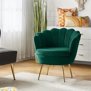 HULALA HOME Modern Velvet Accent Chair with Shell Shaped Back, Cute Living Room Bedroom Armchair Sofa Chair with Gold Legs, Comfy Upholstered Vanity Chair for Makeup Room, Green
