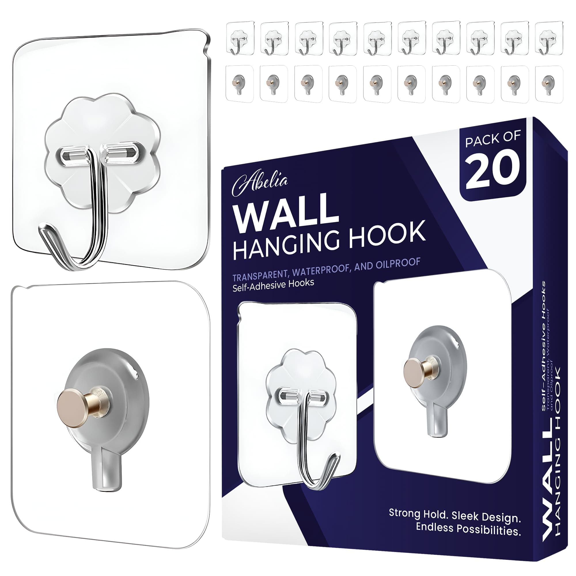 ABELIA 20 Pack Heavy Duty Self-Adhesive 10 Screw Hooks and 10 Hanging Wall Hooks as Strong Wall Hanging Solutions Without Drilling for Kitchen and Bathroom Accessories (Screw Hook Hanger, Trasparent)