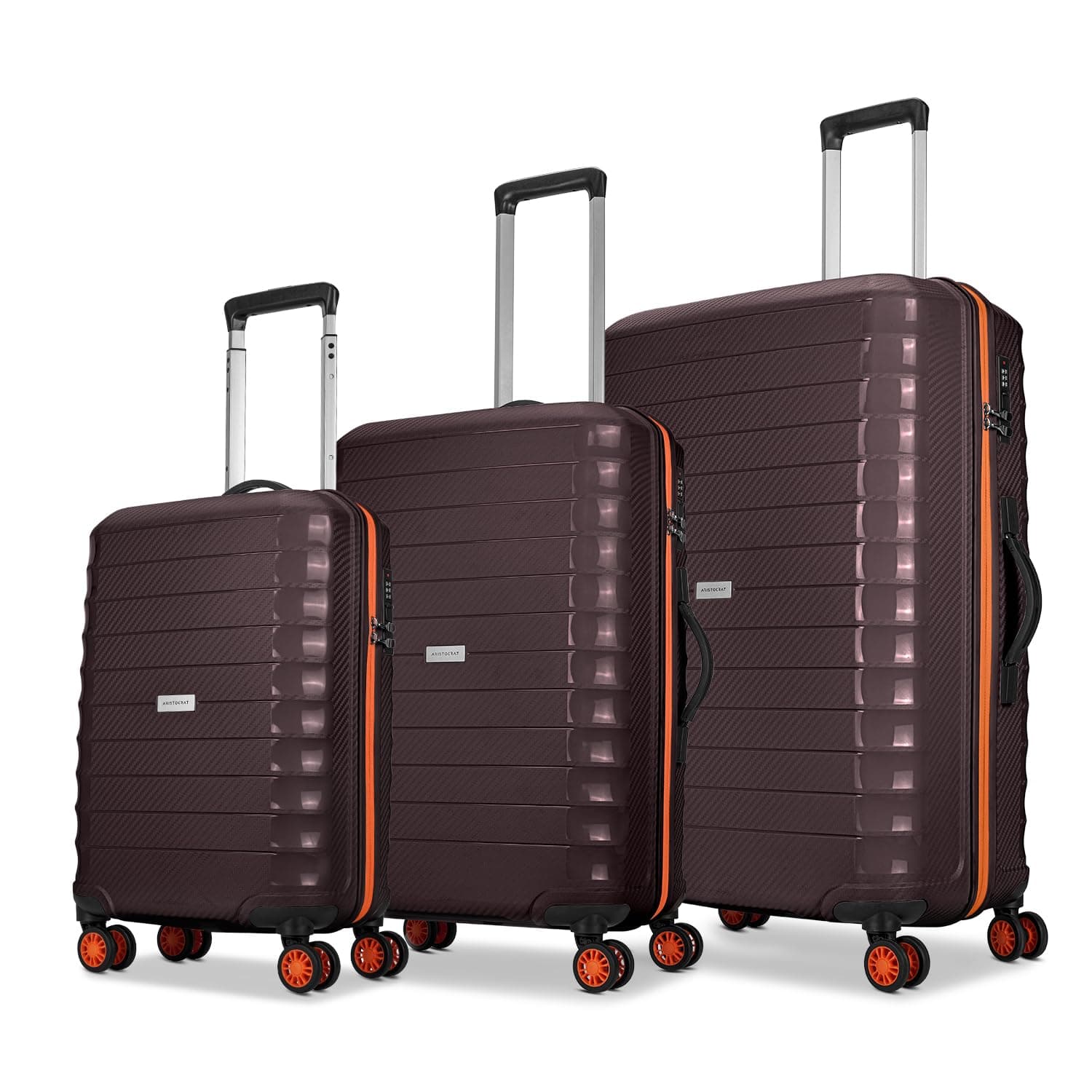 Aristocrat Altitude 8 Wheel Set of 3 (Small + Medium + Large) Hard Case Trolley Bags | Combination Lock |Tough and Durable Luggage | 3 Year International Warranty | Suitcases for Travel| Brown