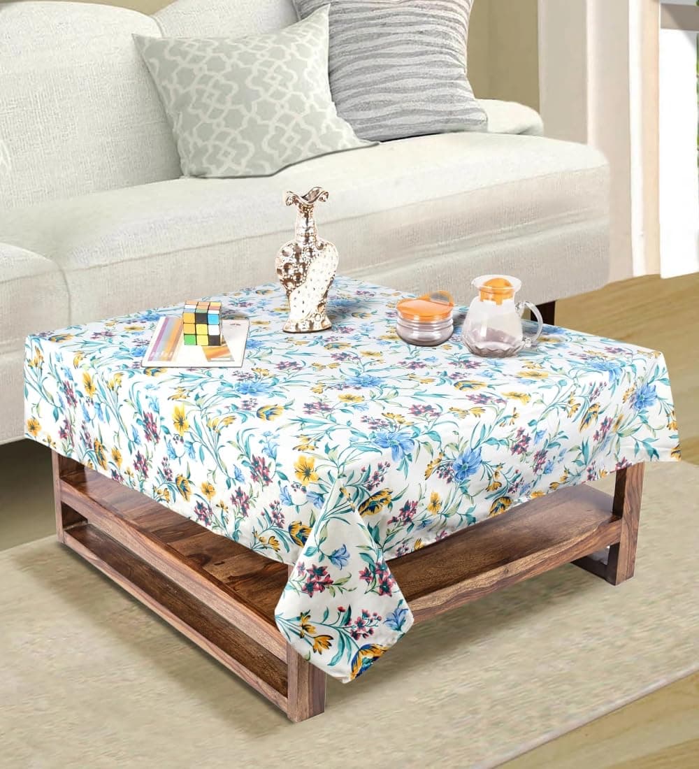 Stylista Cotton Square Center Table Cover (WxL 30x30) in Inches - Floral Golden Leaf on offwhite Base