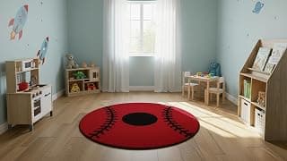 Ultra Soft Round 3D Ball (Size 3x3 feet) Shaggy Rug for Bedroom Décor Carpet with Premium/Clr.Red Black Ball.