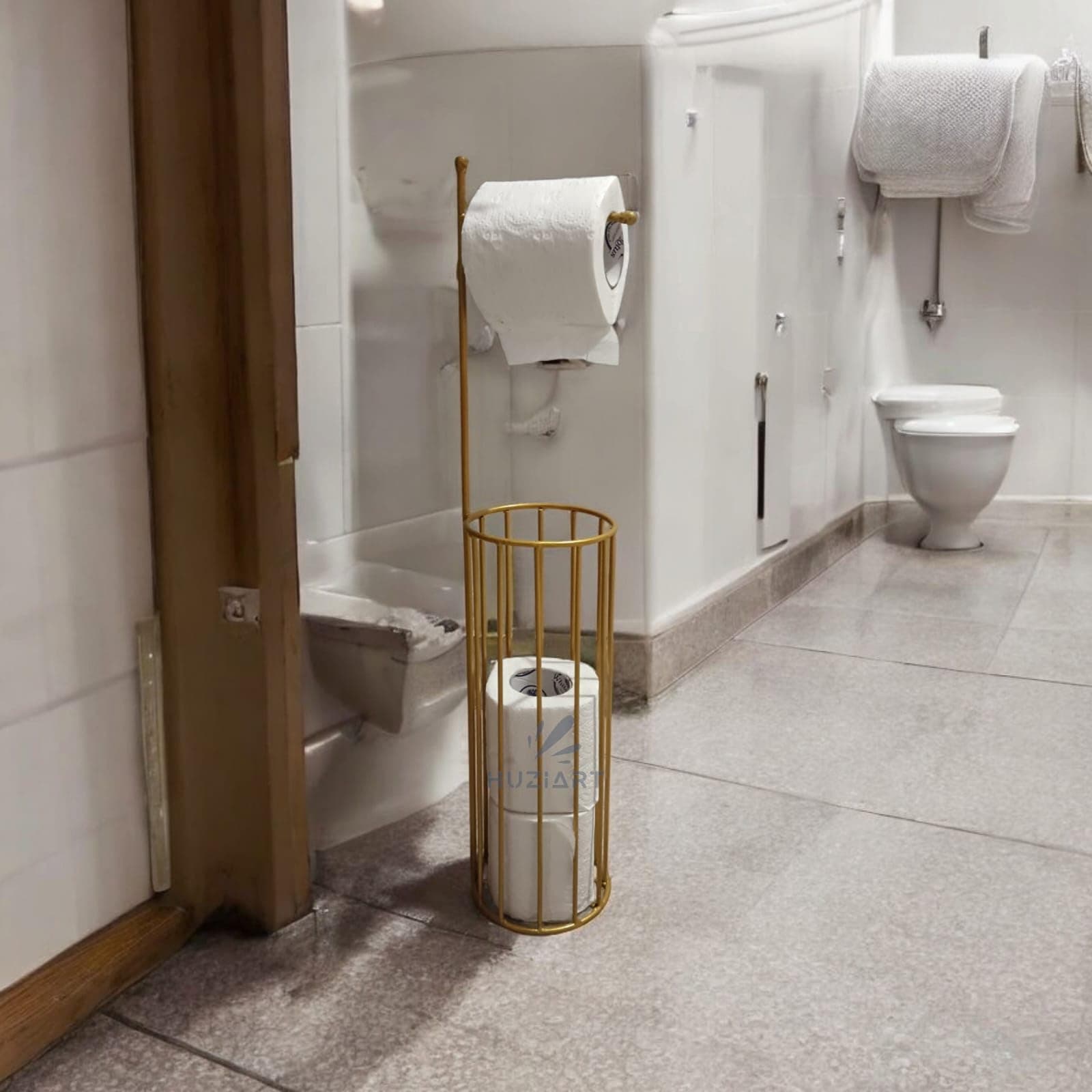 HUZIART Metal Tissue Roll Stand Toilet Paper Holder Floor Standing & Free Standing with Golden Finish, A Touch of Luxury for Your Home (3 Paper Roll Free)