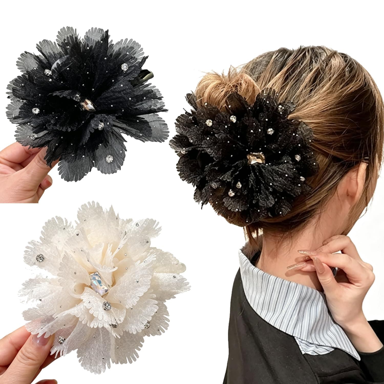 Melodio 2PCS Chiffon Flower Hair Claw Clip for Women, Large Fabric Floral Hair Accessories, Elegant Non-Slip Jaw Claw for Thick Hair, Stylish Updo Hair Clamp
