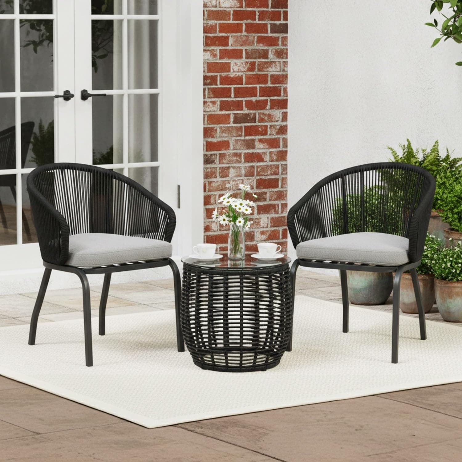 DEVOKO 3 Piece Rope Patio Bistro Set with Cushions - Perfect for Balcony, Poolside, Lawn, Garden & Outdoor Meals with Friends and Family (Black and Gray)