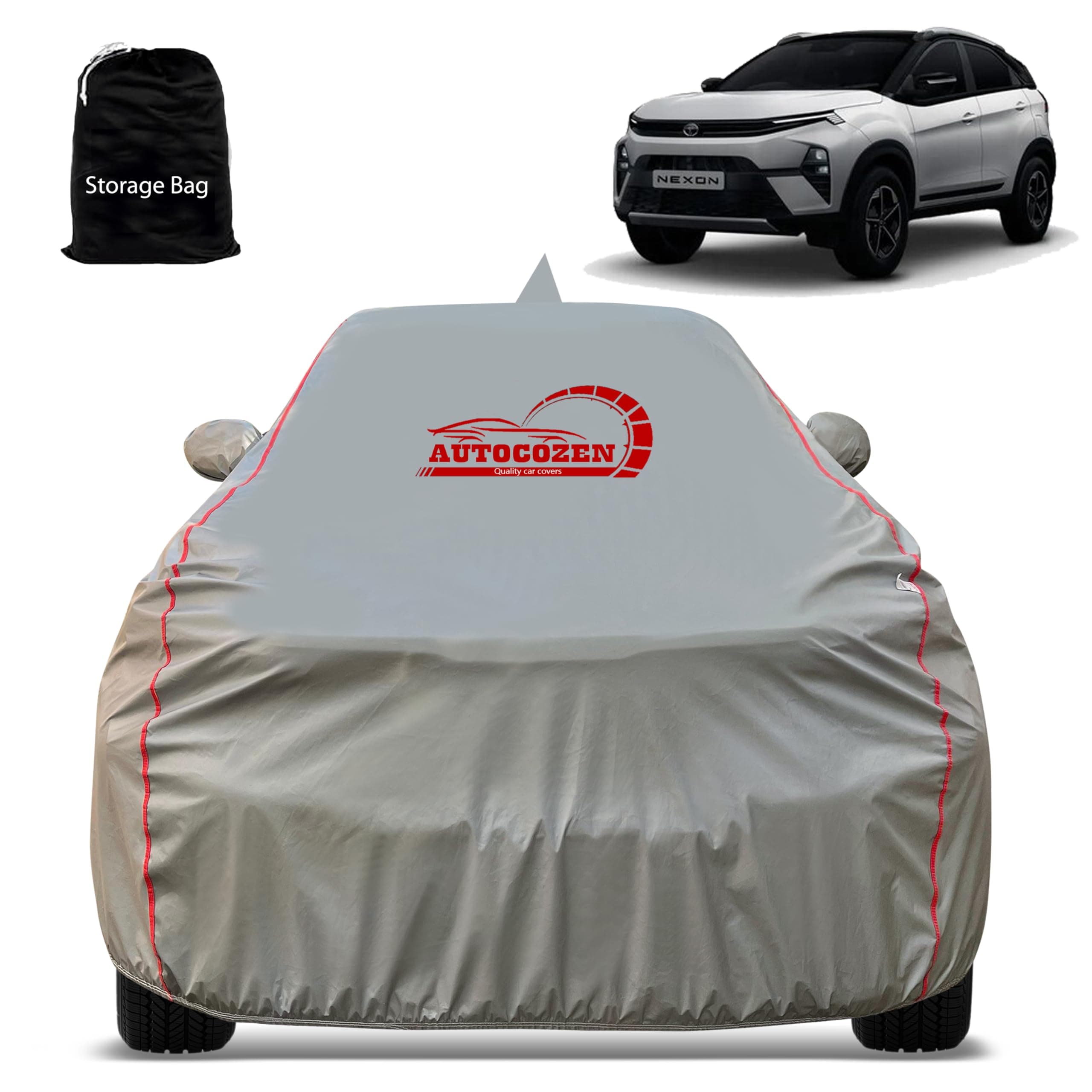 Autocozen All Weather Protection Car Cover for Nexon New Model Car Cover with Mirror Anteena Packets & 100% Waterproof Cover Grey Color