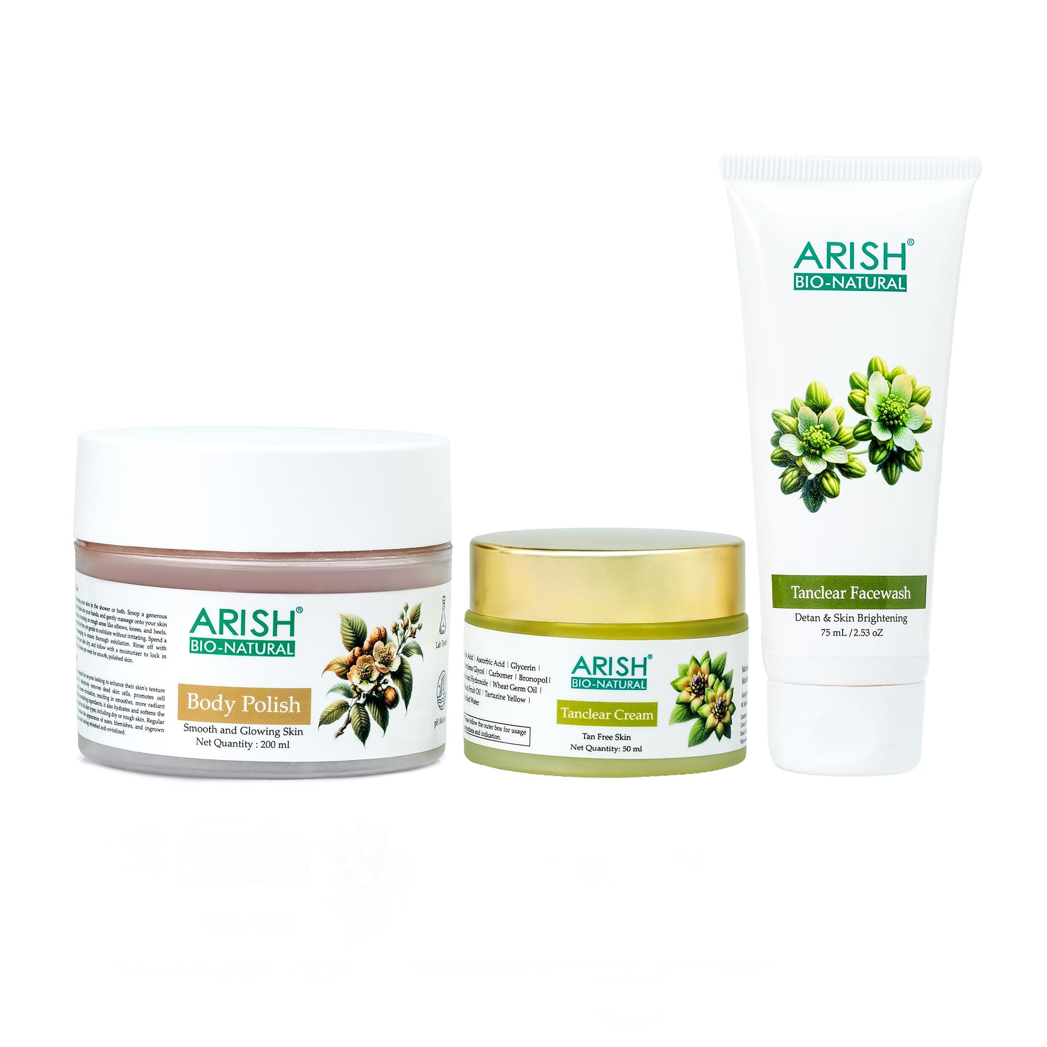 Arish Bio-Natural Tan Clear Skincare Combo, Pack Of 3 | Tanclear Face Wash With Turmeric | Licorice | Rose And Grapes Helps Remove Dirt | Oil & Impurities While Refreshing The Skin.