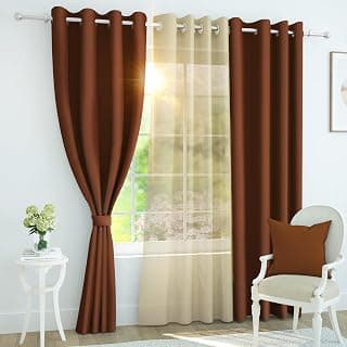 Story@Home Combo Curtains of Blackout & Sheer | Thermal Insulated, Heavy Blackout & Semi-Transparent Design | Curtains for Living Room | Door Curtains 7 Feet Set of 3 (116 x 215 cm, Brown & Beige)