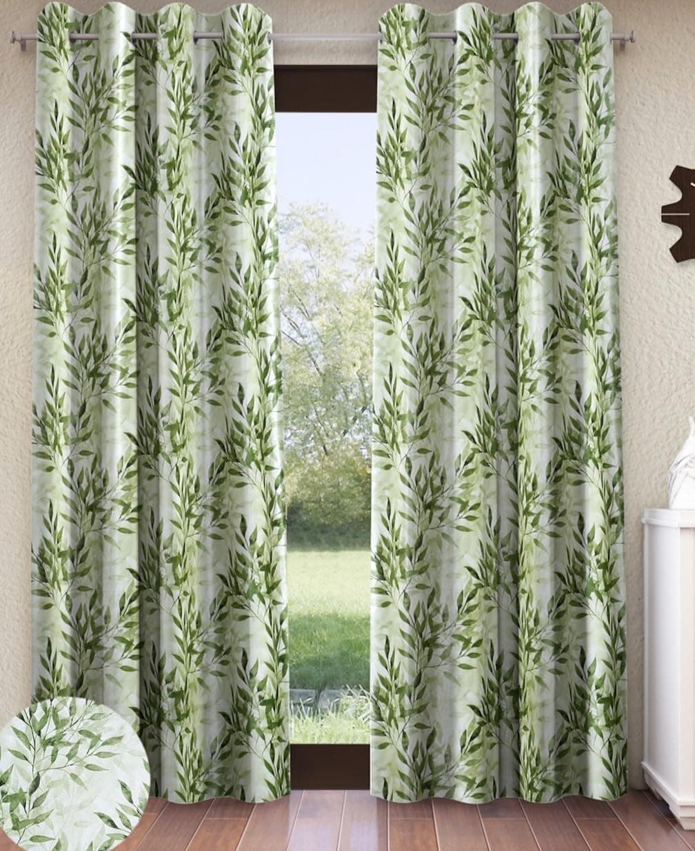 Home Sizzler 2 Pieces Floral Flow Grommet Polyester Door Curtains - 6 Feet, Leaf Green