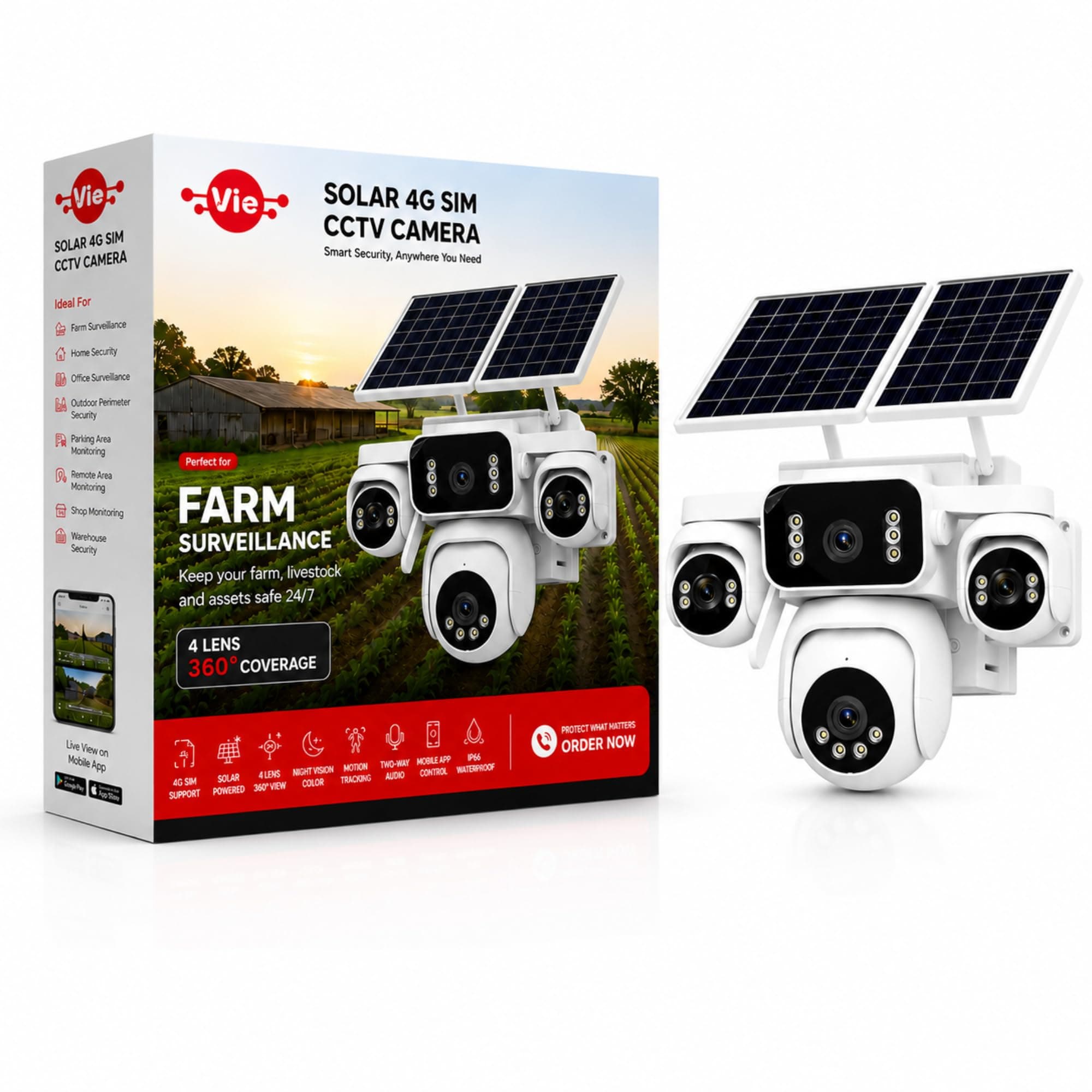 VIE Solar 4G Sim CCTV Camera Outdoor | Waterproof | 360 | 4 Lens Solar CCTV Camera | CC Camera with Night Vision Motion Tracking Two-Way Audio | Motion Alerts | Mobile App