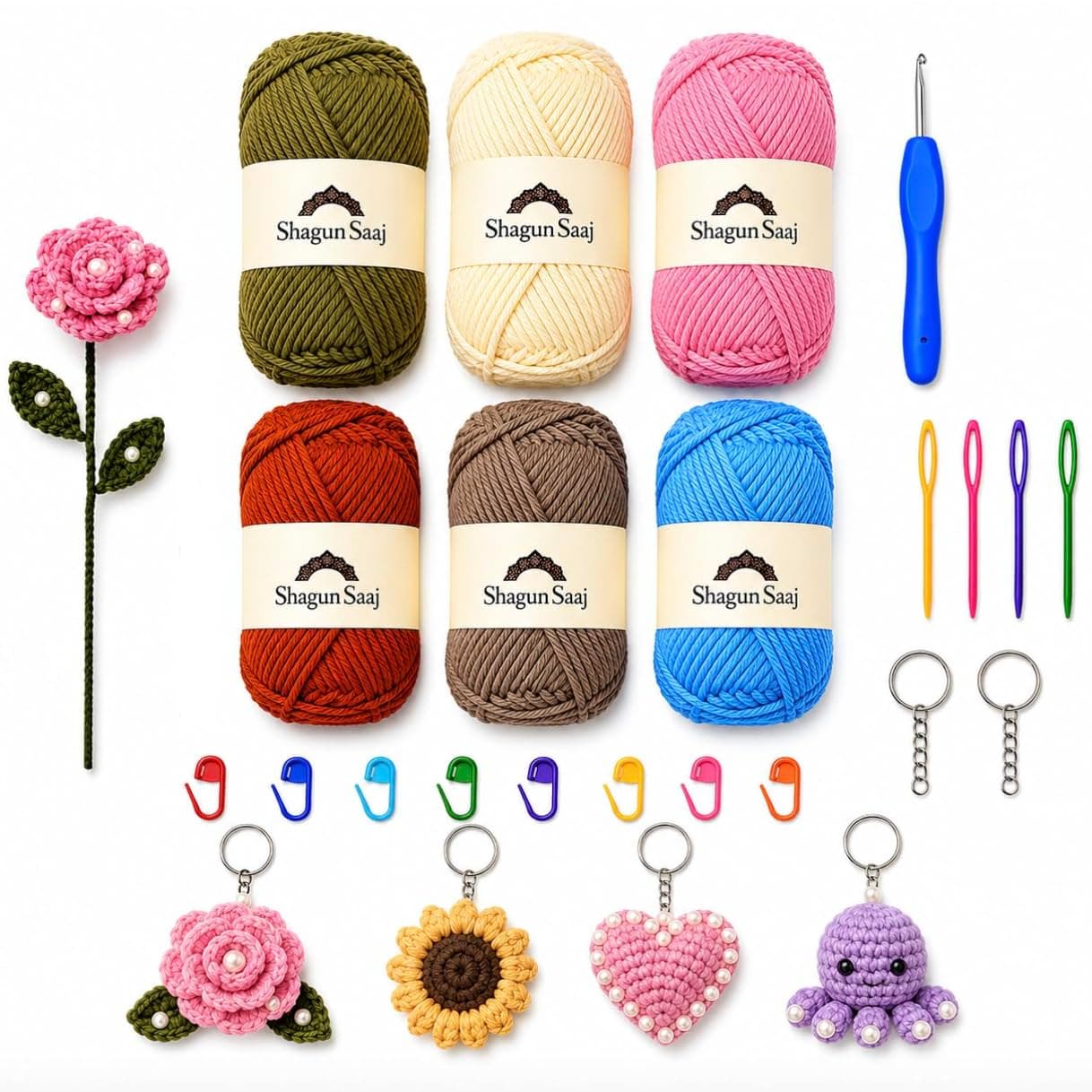 ShagunSaaj Crochet Hobby Kit for Beginners with Wool Yarn, Learn DIY Set Included Crochet Yarn Supplies DIY Tools, Crocheting for Adults and Kids (Pastel Crochet Kit(6))