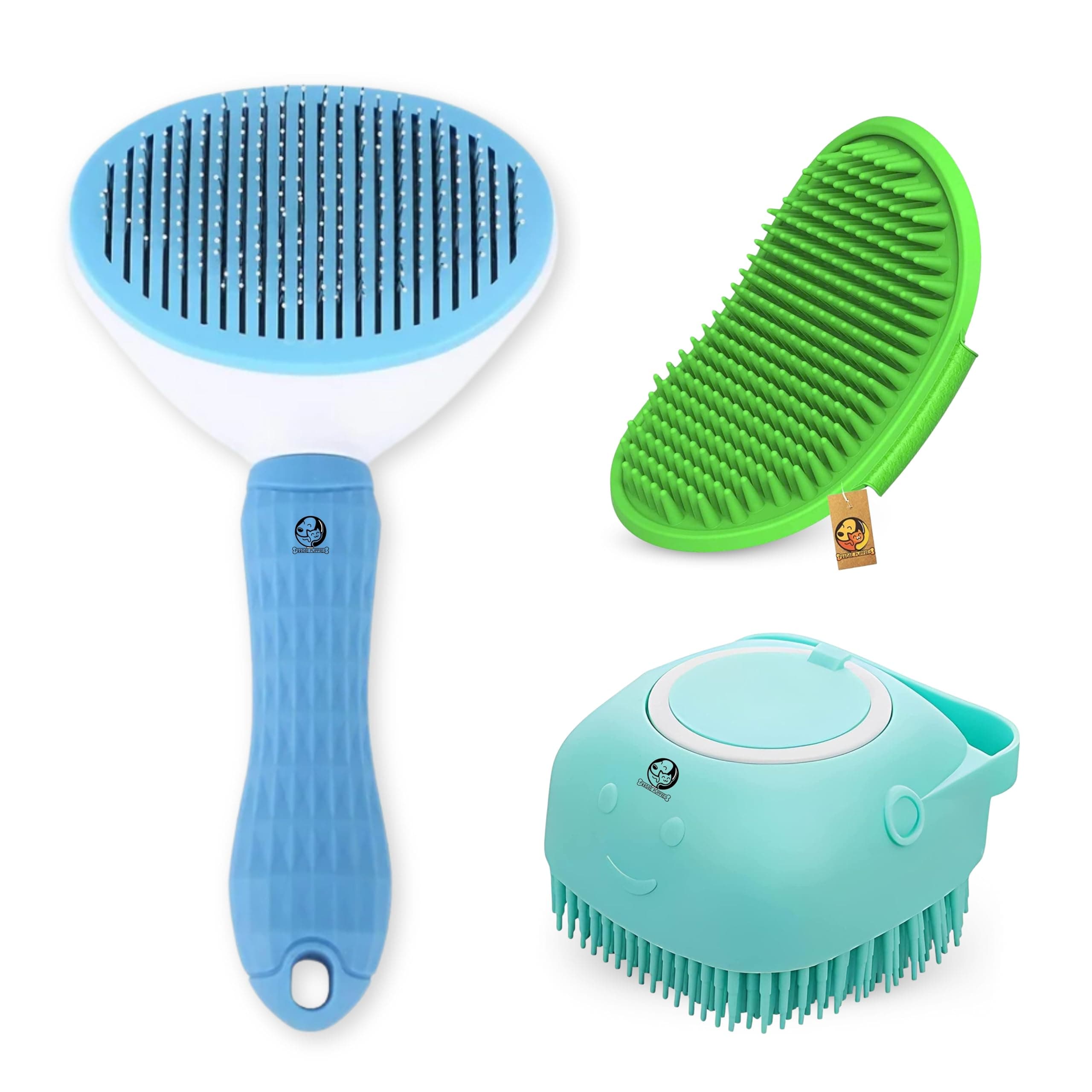 Foodie Puppies 3Pcs Pet Grooming Self Cleaning Combo for Dogs & Cats - (Oval Slicker, Massage Bath Glove, Shampoo Dispenser) for Long Short Shedding Hairs I Daily Use Dog Comb Gloves, Easy Clean Bath