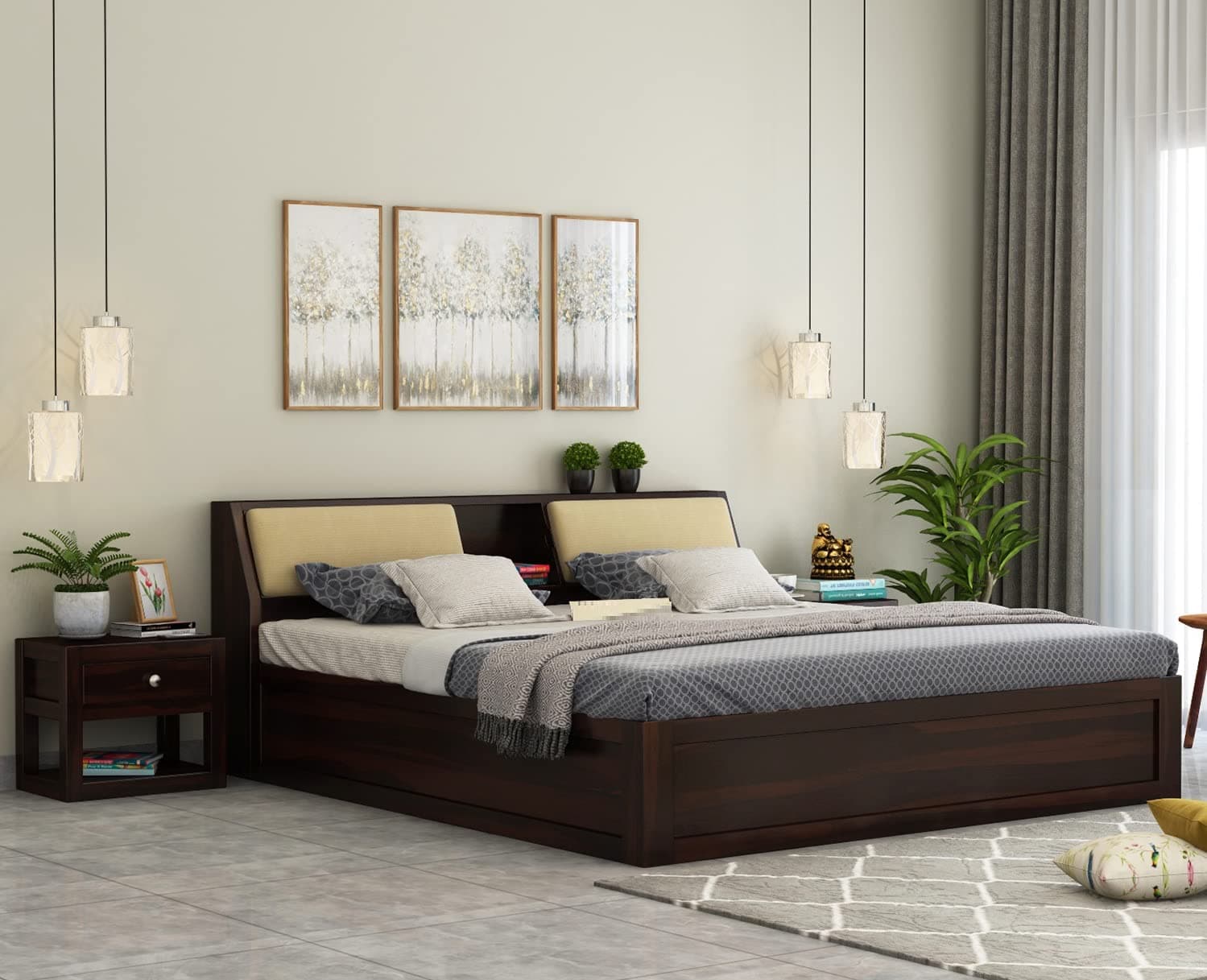 STRATA FURNITURE Sheesham Wood Queen Size Bed with Box Storage Wooden Double Bed Cot Bed Furniture for Bedroom Living Room Home - (Walnut Finish)