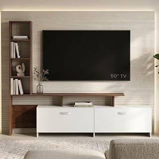 Masha Floor Standing TV Entertainment Unit with Space for Soundbar & Subwoofer, TV Stand with Storage Shelves for Books & Décor, Living Room TV Cabinet, Upto 65 Inch (Classic Brown & White)