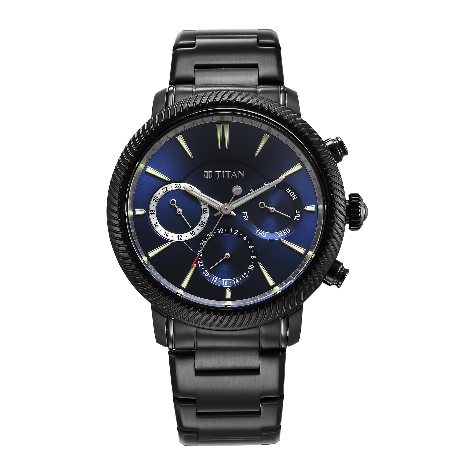 Titan Regalia Stellar Quartz Multifunction Blue Dial Stainless Steel Strap Watch for Men-NS10012NM01