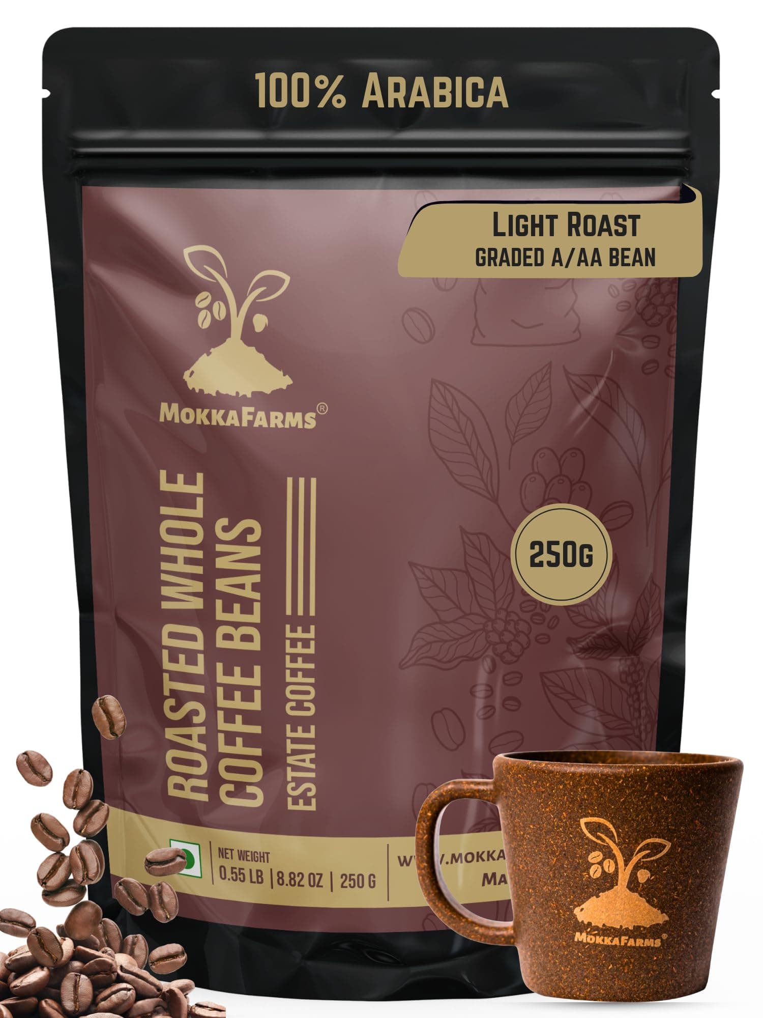 MokkaFarms Roasted Whole Coffee Beans 250g | 100% Arabica | Light Roast, Sundried/Cherry, A/AA Grade | Freshly Roast Estate Coffee | Strong Flavor & Aroma | Farm to Fork Quality | Zip Lock Bag