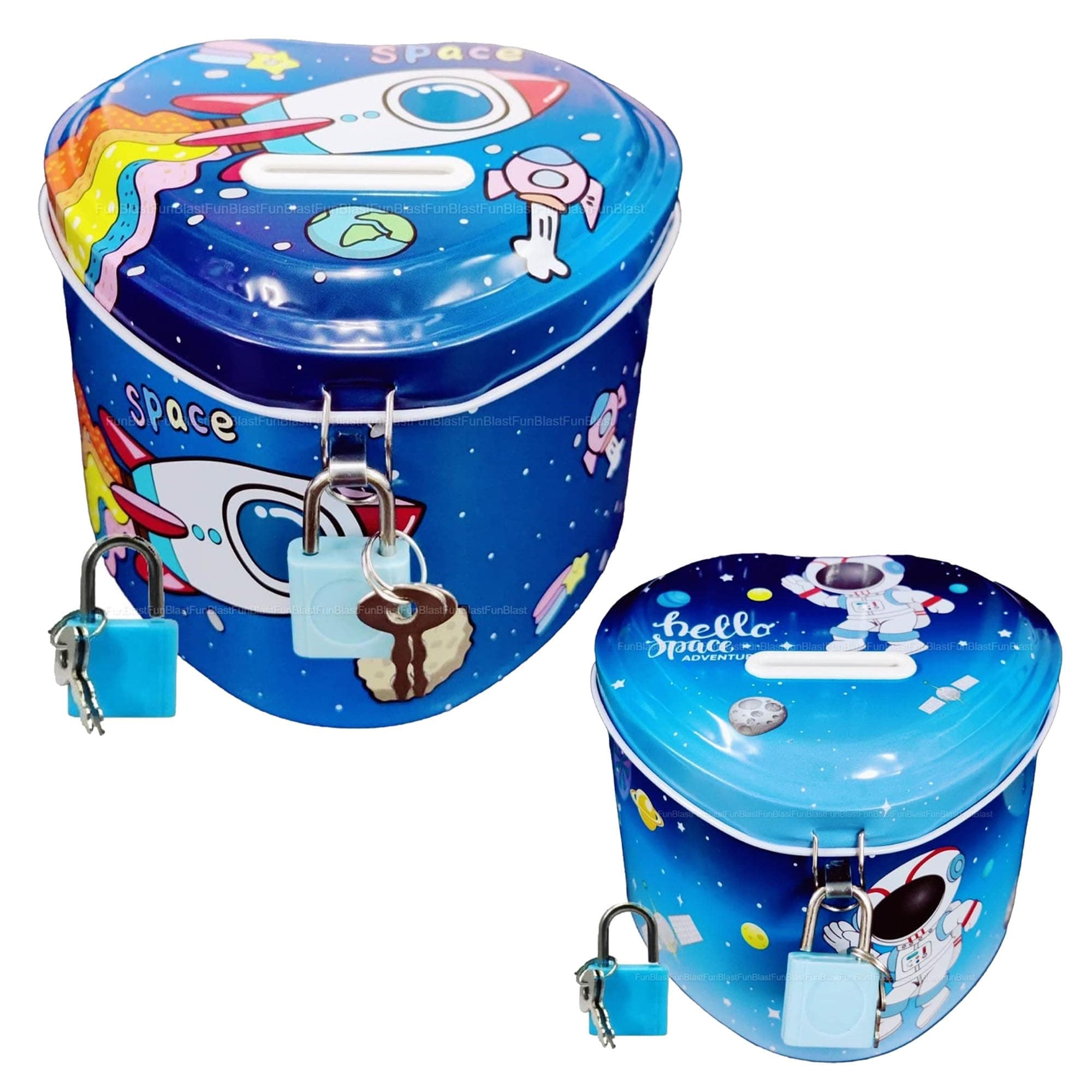 FunBlast Piggy Bank For Kids  Space Money Saving Tin Coin Bank With Lock And Key  Birthday Return For Boys & Girls, Money Bank, Coin Box For Kids, Metal Coin Box For Kids (Space), Multi