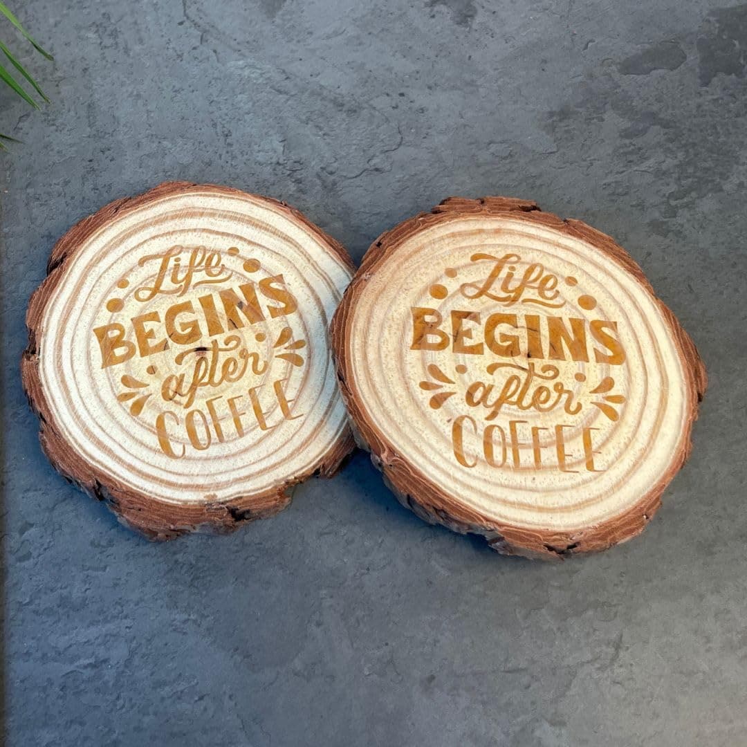 Giftana Wooden Coaster Set with Engraved Quote - “Life Begins After Coffee” Round Coasters for Home & Office, Eco-Friendly, Non-Slip Drink for Dinning Table, 4 Inches Diameter– Set of 2